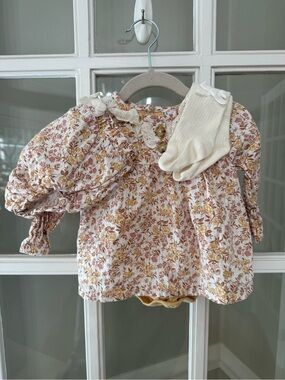 Cream Floral Ruffled Baby Blouse with Lace Collar